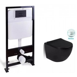 Комплект SantiLine SL-5018MB+SL-03 безободковый чёрный матовый унитаз с сиденьем микролифт и инсталляция с клавишей смыва чёрный матовый