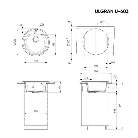 Кухонная мойка Ulgran Classic U-603-343 антрацит