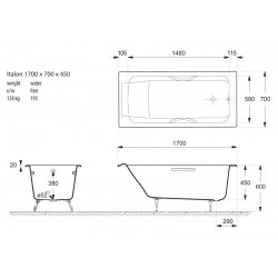 Ванна чугунная Vinsent Veron Italon VIT1707045H 170x70см с отверстиями для ручек