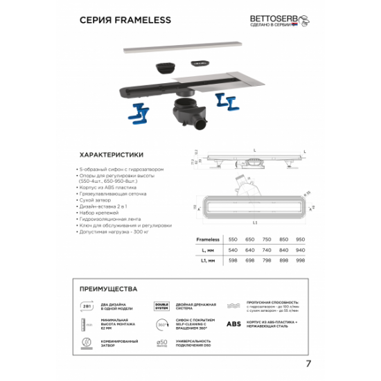 Душевой лоток Bettoserb Frameless 13701324 55 см белый матовый